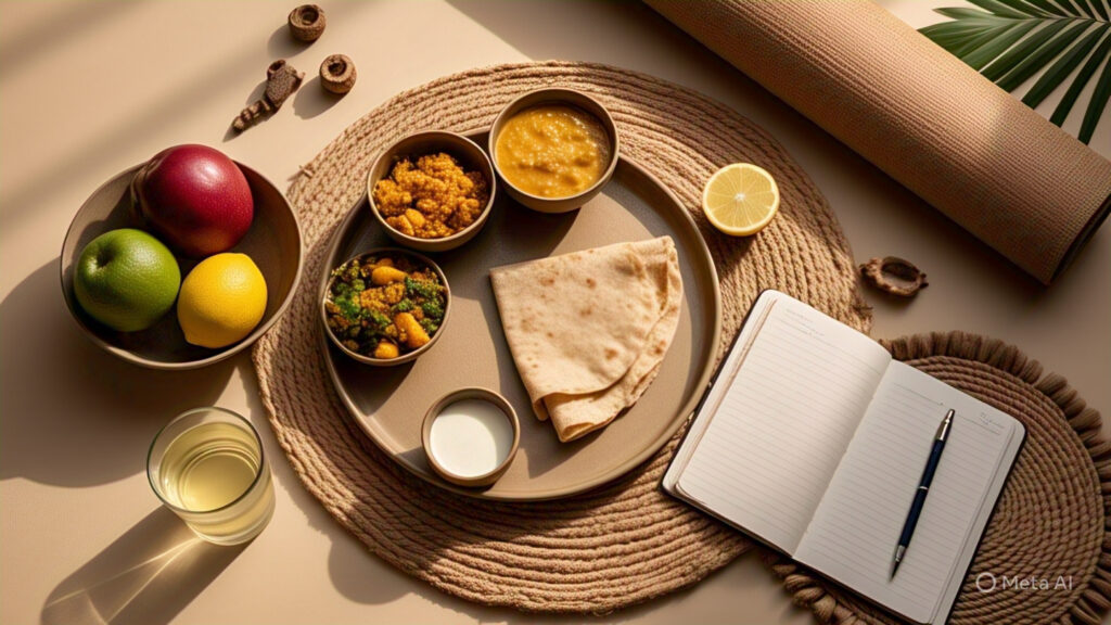 A serene flat-lay of holistic wellness for Indian professionals in their 30s, featuring a balanced thali (roti, dal, sabzi, curd), a glass of lemon water, yoga mat, fresh fruits, and a notebook with a pen. Soft natural lighting, warm earthy tones, minimalist aesthetic, no text, professional lifestyle photography style.